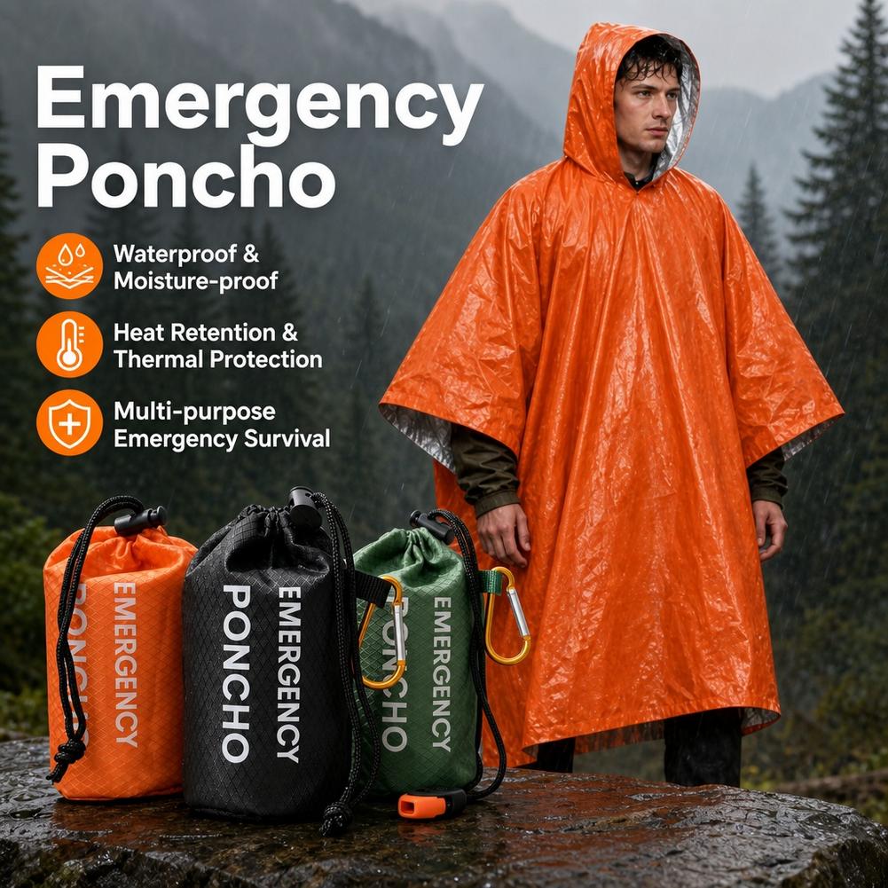 Emergency Poncho Rain - ชุดเสื้อกันฝนฉุกเฉินแบบพกพา เสื้อกันฝนมีฮู้ดกันน้ำ พร้อมกระเป๋า นกหวีด และคาราบิเนอร์ สำหรับตั้งแคมป์และเดินป่า
